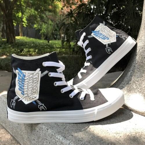 Wen Design Custom Black Hand Painted Shoes Anime Attack on Titan Wings Logo Athletic Shoes Men Women Canvas High Top Sneakers