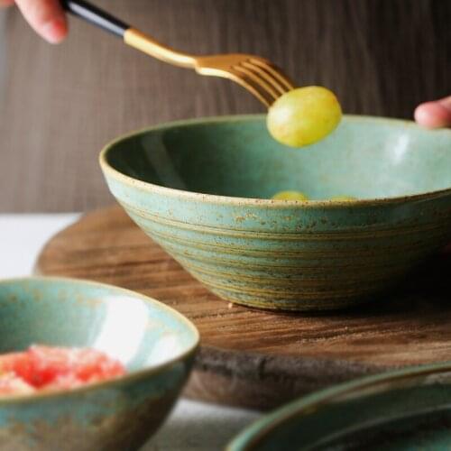 Japanese Green Ceramic Noodle Soup Bowl Household 8-inches Tableware Handmade Large Capacity Fruit Salad Dessert Bowl Tableware