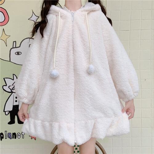 Womens Cute Kawaii Bunny Ear Hoodie Jacket Coat Lolita Fuzzy Fluffy Warm Solid Color Oversize Rabbit Hooded Sweatshirt
