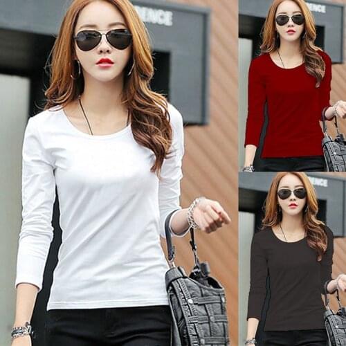 Women Basic Solid Long sleeve T Shirt Round Crew Neck Plain Cotton Spandex new Lady tees & tops Autumn Hot Sale