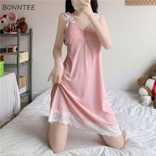 Women Nightgowns Sleeveless Knee-length Lace Sexy Kawaii Summer Solid V-neck Stylish Nightdress Summer Casual Comfort Camisola