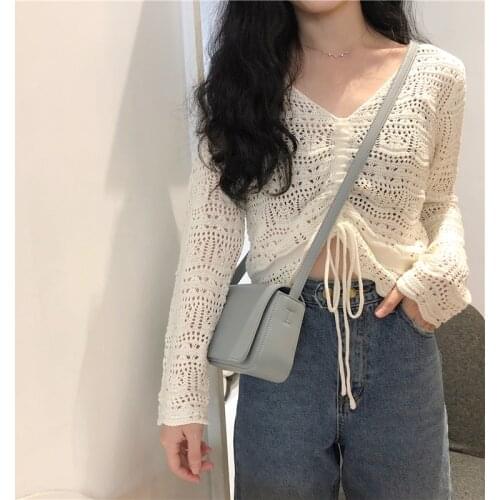 Womens Knitting Cardigan Pure Color Hollow Mesh Fine Thread Drawstring Short Loose V-neck Top Wholesale 2021 Female Clothing