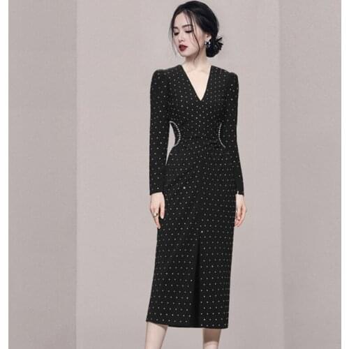 New 2021 Autumn Womens French Vintage Elegant V-Neck Chic Polkai Dot Long Sleeve Slim Office Lady Split Midi Dress Female