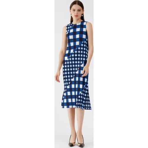 Miyake Pleated Sleeveless Dress 2021 High Fashion Korean Style Irregular Plaid Printed Vest Dress