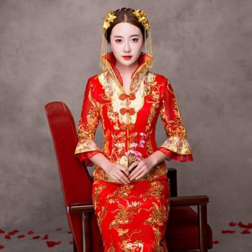 Vintage red Bridal Embroidery Cheongsam Modern Traditional Chinese style Wedding Dress Oriental Womens Qipao Vestidos Size S-XXL