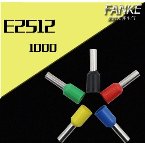1000pcs/pack E2512 Insulated Terminal Ferrules For 2.5mm2 14AWG Wire 12mm of Pin Length crimp terminal VE2512 Brass tube