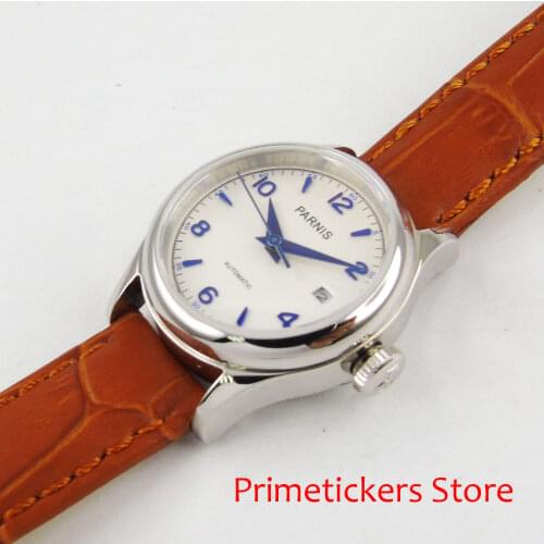 26mm PARNIS white dial blue hands date automatic movement womens lady watch bracelet clasp