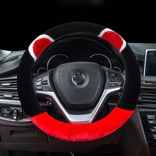 Car Cartoon Steering Wheel Cover Universal Winter Rex Rabbit Fur Direction Tray Protective Case Keep Warm Interior Accessories