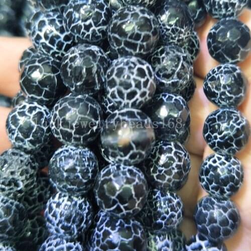 Free shipping Women Fashion Jewelry 12mm Black Faceted Dragon Veins Carnelian Round Women Men Spacers Art Loose Beads 15" FG793