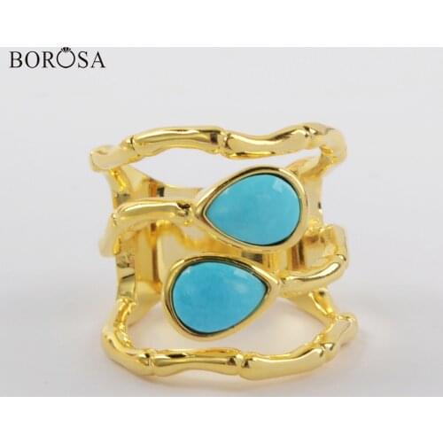 BOROSA Turquoises Rings Jewelry Fashion Gold Color Black Agates Luxury Party Cocktail Ring Size 6.75 Lapis Lazuli Women Rings