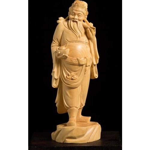 Wealth God Buddha 19CM Solid Wood Carving Crafts Chinese Myths Legends Figures Sculpture Carving Decoration Fortuna