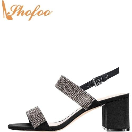 Black Crystal High Chunky Heels Sandals Woman Large Size 11 16 Ladies Fashion Ankle Strap Buckle Rhinestone Mature Shoes Shofoo