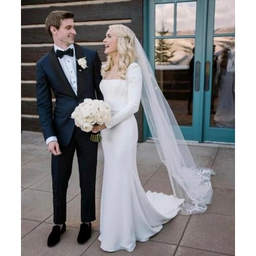 Long Square Neck Mermaid Wedding Dresses with Sleeve White Open Back Stretchy Satin Robes De Mariée Bridal Gown For Women