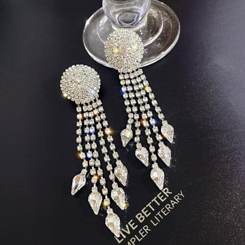 Exknl Round Full Rhinestone Drop Earrings for Women 2020 Long Tassel Geometric Crystal Dangle Earrings Statement Jewelry Gifts