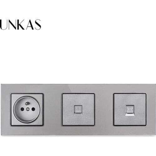 UNKAS French Standard Grey Socket + RJ45 Internet Computer Jack + TV Television Connector Port Glass Panel 258*86mm Outlet