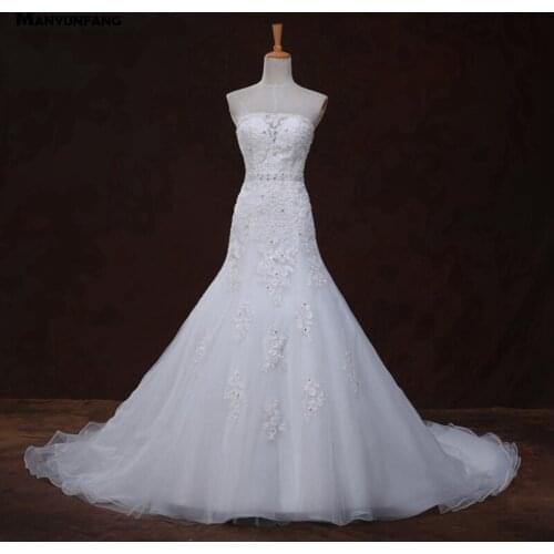 Custom Made Strapless Embroidery Appliques Tulle Bridal Gown Real Photo Sleeveless Chapel Train Crystal Mermaid Wedding Dress