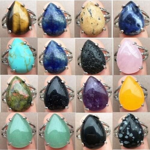 Unakite Lapis Lazuli Tiger Eye Crystal Aventurine Lava Howlite Jaspe Water Drop Women Men Bead Ring WB903