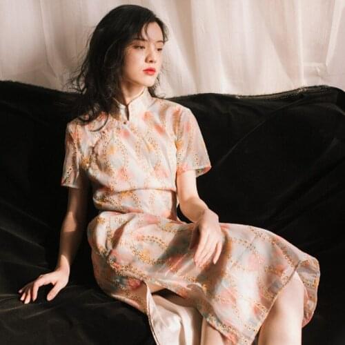 Chinese style lace dress female Super Fairy hollow cut split dress female stand collar embroidery retro Dress wq1478 dropship