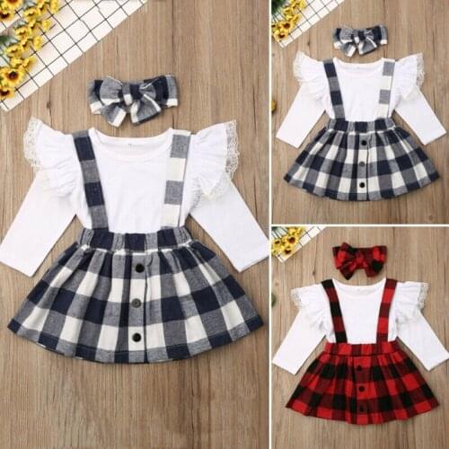 2020 New Fashion 3PCS Kid Baby Girl Long Sleeve Lace Tops Plaid Bib Dress Outfit Party Clothes