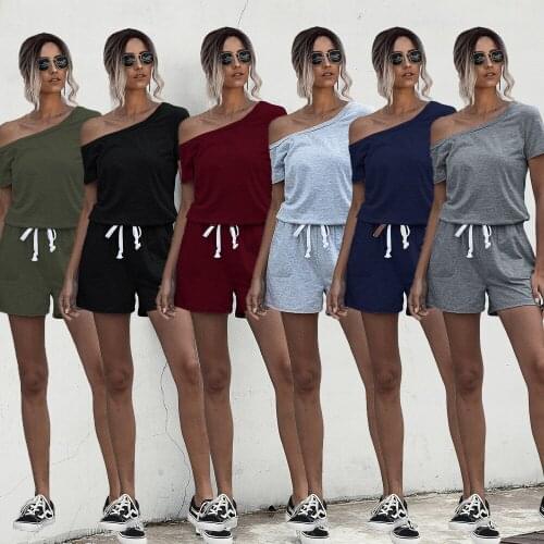 Hot Sale Off Shoulder Pocket O Neck with Short Sleeves Rompers Female Casual Loose Summer Home Pjamas for Women Jumpsuit