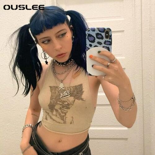 OUSLEE Women Y2K Punk Graphic Print Baby Tanks Summer Aesthetics O-neck Sleeveles Cropped Tops E-girl Streetwear Slim Tank Top