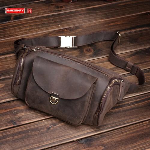 Crazy Horse Leather Belt Bag Mens Chest Bag First Layer Cowhide Waist Packs Sports Phone Bag Fashion Retro Crossbody Bags