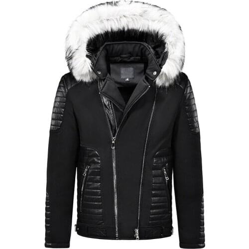 Men 2021 Winter New Brand Casual Fur collar Patchwork Leather Jacket Coat Men Fashion Vintage Outwear Faux Leather Jackets Men