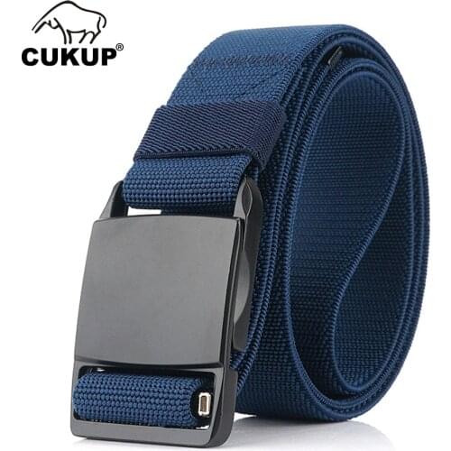 CUKUP 2020 New Design Mens Quality Blue Nylon Belts Black Smooth Zinc Alloy Buckle Metal Male Canvas Belt for Men CBCK196