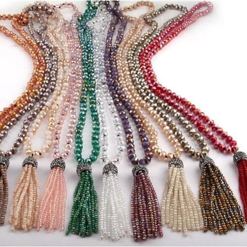 Wholesale Fashion Bohemian Tribal Jewelry Long knotted 5X8 Glass Crystal Tassel Necklace