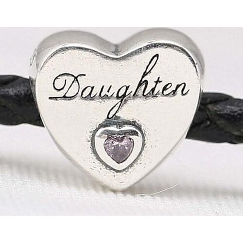 Original Daughters Love Heart With Pink Cubic Zirconia Beads Fit 925 Sterling Silver Charm Bracelet Bangle DIY Jewelry