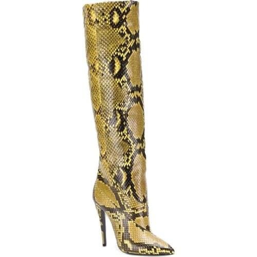 Sexy womens shoes Pointed toe Yellow Snake-print Stiletto Striped Over-the-knee Modern Boots Botas Femininas Fashion long Boots