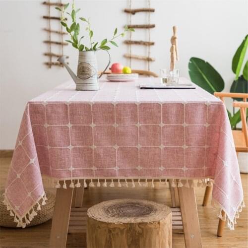 Modern Rectangle Table Cloth Pink Embroidered Stripes Plaid Stitching Linen Cotton Christmas Tablecloth Home Textile