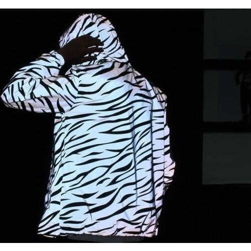 Women Reflective Jacket Hooded Windbreaker Coat Waterproof Women Hip Hop Zebra Stripe Streetwear Skateboard Night Shining Jacket