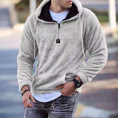Autumn Winter Men Warm Faux Fleece Hoodie Kangaroo Pockets Sweatshirt Casual Zipper Hooded Men Clothes Solid Streetwear Tops