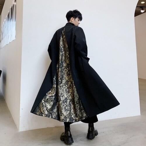 Vintage Mens England Style Loose Trench Coat Patchwork Black Floral Windbreaker Long Overcoat M55