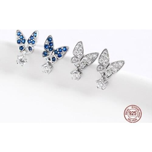 LKO 925 Sterling Silver Stud Earrings High Quality Woman Fashion Jewelry New Butterfly Blue Zircon Hot Sale Earrings