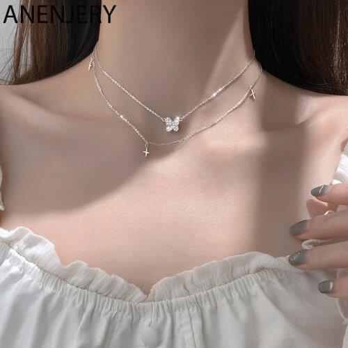ANENJERY 925 Sterling Silver Double Layer Chain Butterfly Cross Choker Necklace for Women Korean Neklace Fashion Jewelry S-N722