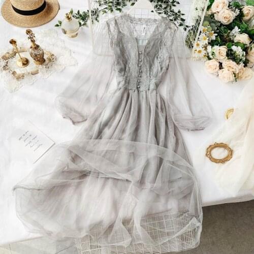 New Summer Women Lace Crochet Dress Mesh Long Gauze Lantern Sleeve Voile Swing Long Dress Female Princess Dress 2pcs Set