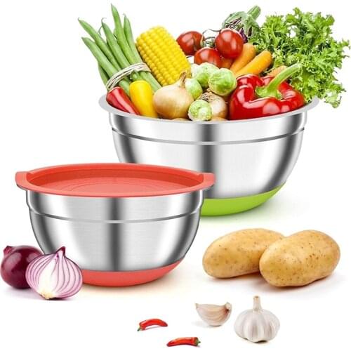 2 Pack Mixing Bowls with Airtight Lids, Colorful Stainless Steel Metal Nesting Bowls for Kitchen, Non-Slip Silicone