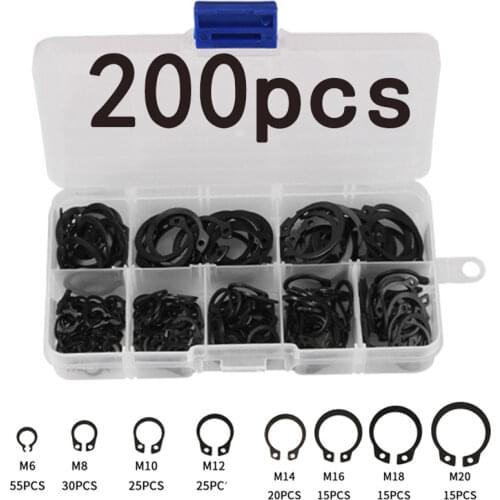 200Pcs Internal External Retaining Circlips M6-M20 C-clip Washers Snap Retaining Ring Carbon Steel Assortment Kit