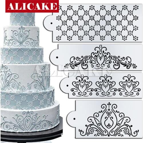 4 pcs/set Cake Stencil Lace Flower Pattern Cake Decorating Plastic Cake Boder Stencils Template Drawing Decorative side Mould
