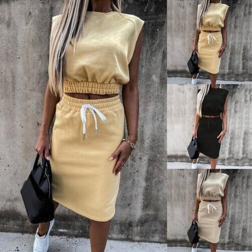 50% Hot Sales!! 2Pcs/Set Casual Suit Sleeveless O Neck Cotton Blend Sexy Loose Slim Drawstring Vest Skirts Set for Home