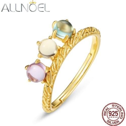 ALLNOEL Silver 925 Rings For Women Synthetic Green Amethyst /Citrine /Amethyst Fine Jewelry Adjustable Ring Gift For Wedding