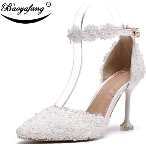 BaoYaFang White Lace Wedding shoes Flower Ankle Strap Fashion shoes plus size Thin Heel Dress shoe Pointed Toe Womens Pumps
