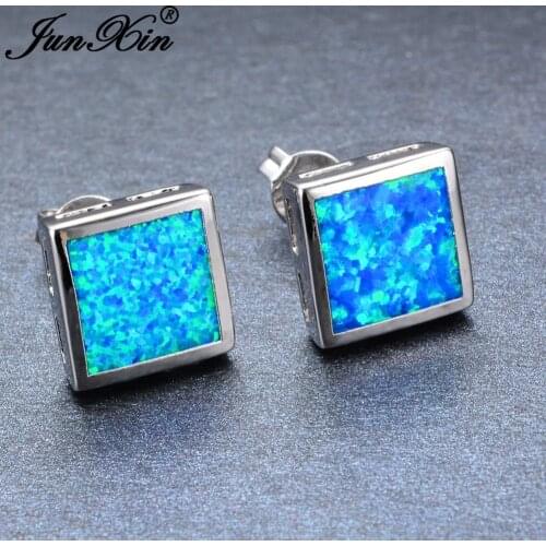 JUNXIN Female Geometric White & Blue Fire Opal Stud Earring Jewelry Double Earrings For Women