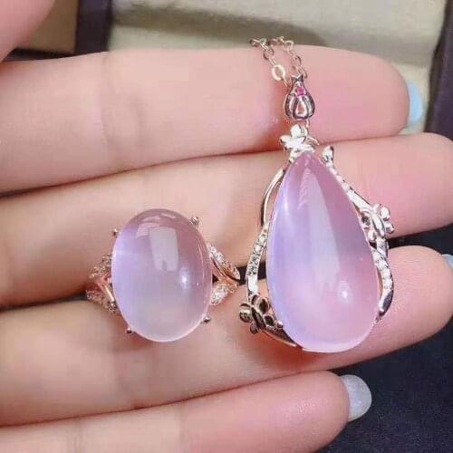 Natural Large Water Drop Particle Hibiscus Stone Ring Pendants Necklace Set S925 Sterling Silver Fine Fashion Jewelry for Women