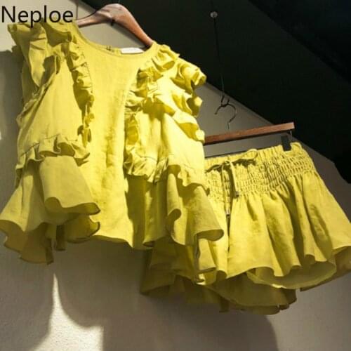 Neploe 2 Piece Sets Womens Outfits Summer 2021 Korean Fungus Sleeveless T Shirts +Stretch Waist Short Skirts Fashion Suits 44079