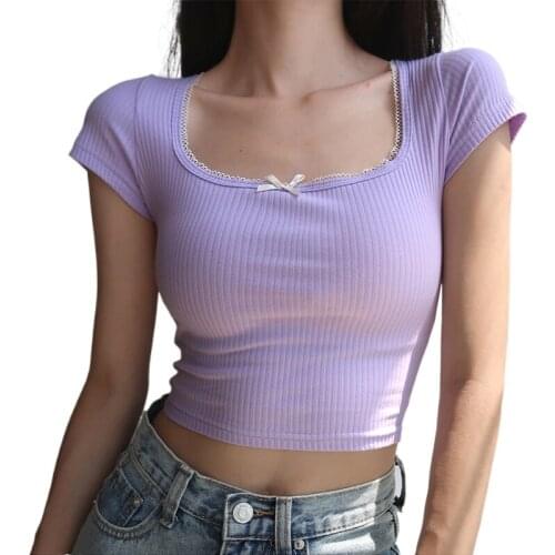 Summer Woman Square Neck Short Sleeve Rib T-shirt EA Crop Shirt Women Sexy White Off Shoulder Top Kawaii Clothes Skinny Tees