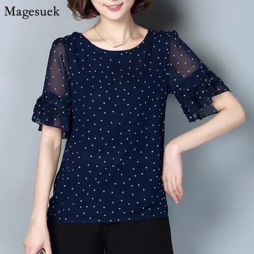 New Chiffon Blouse Women Short Sleeve Polka Dot Plus Size Female Shirt Tops Casual White Blouses Femme Summer Clothing 4010
