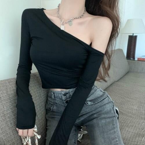 Off Shoulder Skew Collar Solid Full Sleeve T-shirts Girls Sexy Black And White Crop Tshirts Tops For Woman 2020 Autumn